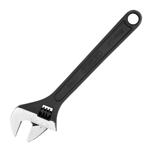 Photo of STANLEY 87-048LA adjustable wrench, black handle, silver jaw, product angled on white background.