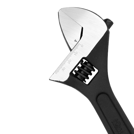 STANLEY 87-048LA adjustable wrench close-up, black handle, metal head with measurement scale, white background.
