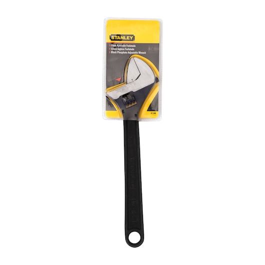 STANLEY 87-048LA adjustable wrench with black handle and metal jaw, photographed in packaging, front angle.