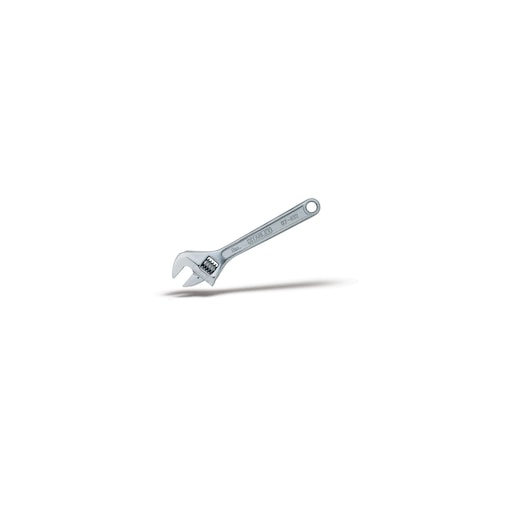 STANLEY 87-432 adjustable wrench, silver steel, photography, side angle, white background.