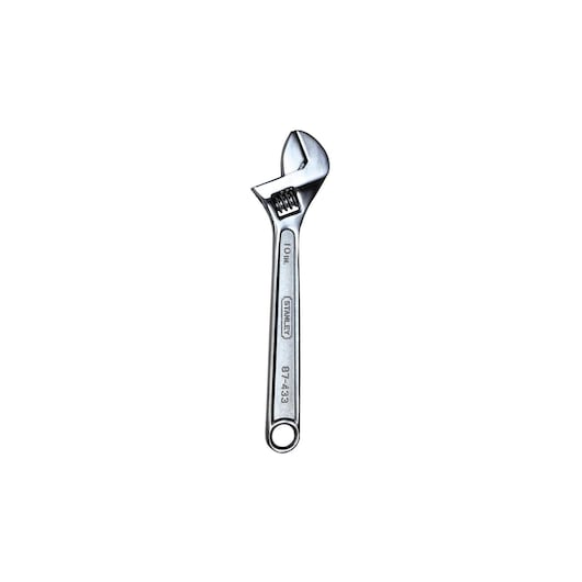 STANLEY 87-433 adjustable wrench, silver, front view, steel handle with circular hole, white background.