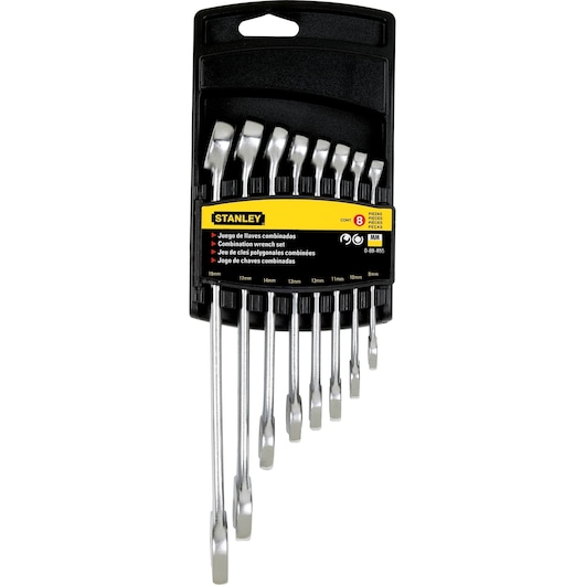 STANLEY 88-854 combination wrench set, 8-piece, silver wrenches in black plastic holder, front angle.