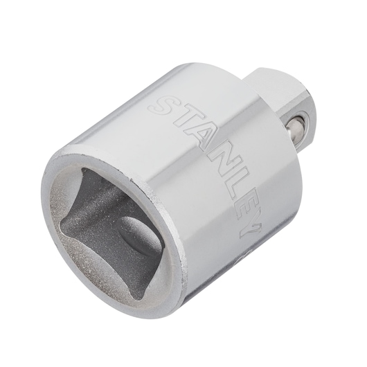 STANLEY 88-908 chrome socket adapter, close-up angle, with engraved brand name on the silver surface.