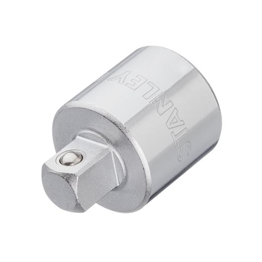 STANLEY 88-908 chrome socket adapter, angled side view, compact cylindrical metal tool with engraved brand name.