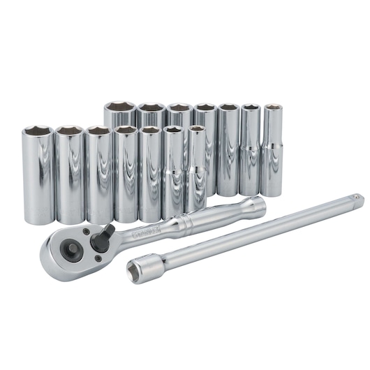 Stanley socket wrench set shot from front on white background with chrome ratchet, extension, and sockets.