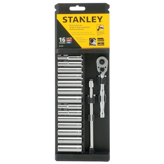 STANLEY 89-199 deep socket set, 16 pieces, chrome finish, front angle photo.
