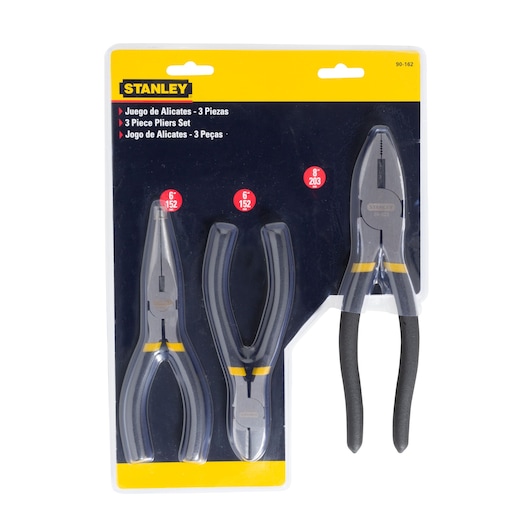 STANLEY 90-162LA 3 piece pliers set in retail packaging, shown from the front on a white background.