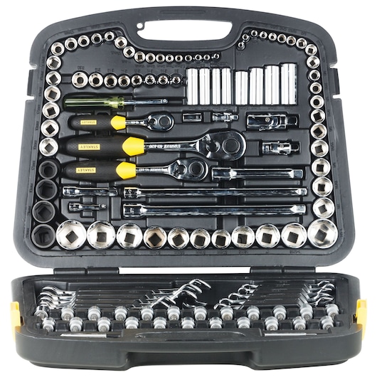 STANLEY 91-931 socket and wrench set photography, black case with organized tools, top-down angle.
