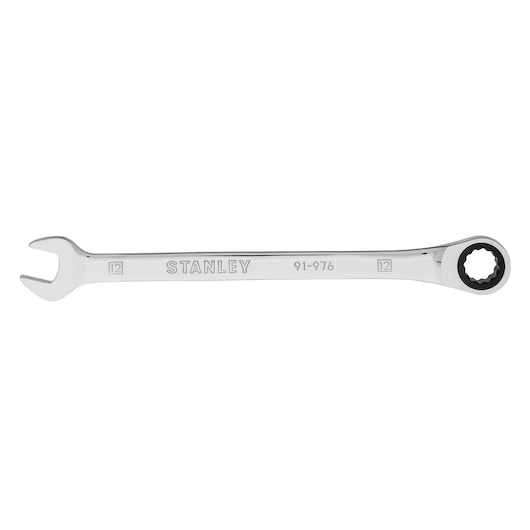 Photo of a STANLEY 91-976 combination wrench, size 12 mm, chrome finish, top view on white background.