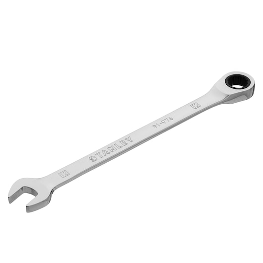 STANLEY 91-976 combination ratcheting wrench, chrome finish, open end and ratcheting box end, top angle on white.