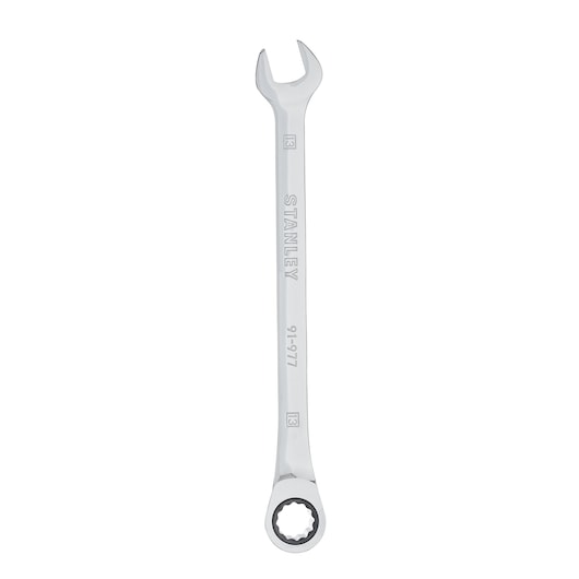 Stanley 91-977 combination wrench, silver metal finish, front angle, photography on white background.