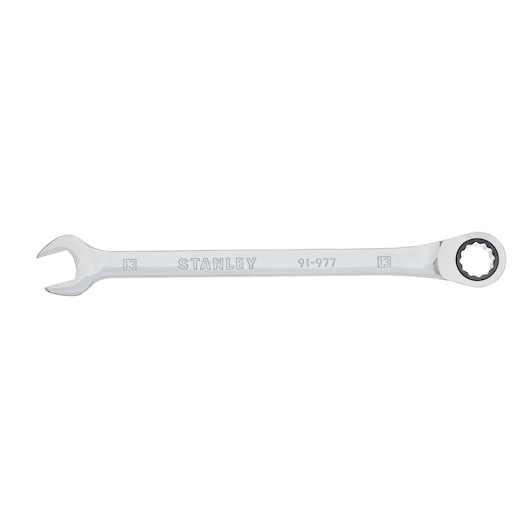 STANLEY 91-977 combination wrench, chrome finish, flat front view, open and box end design.