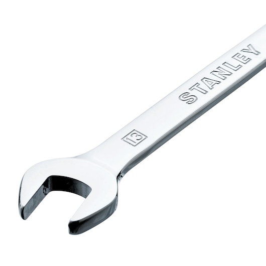 STANLEY 91-977 open end wrench, chrome finish, size 13 mm, close-up on white background.