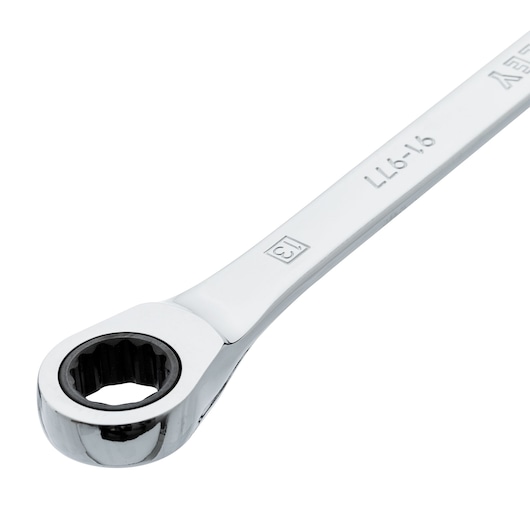 STANLEY 91-977 ratcheting combination wrench, chrome finish, size marking visible, front angle on white background.