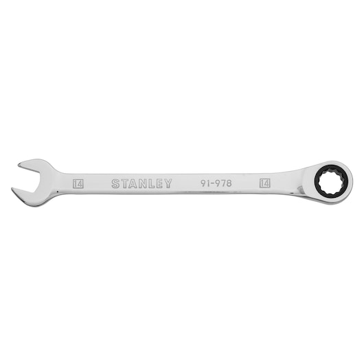 STANLEY 91-978 ratcheting combination wrench, chrome finish, 14mm, side view on white background.