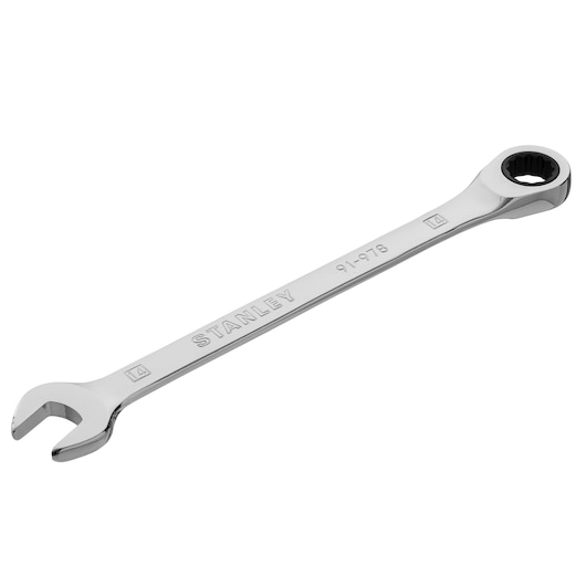 STANLEY 91-978 combination wrench, chrome finish, open-end and ratcheting box-end, angled view on white background.