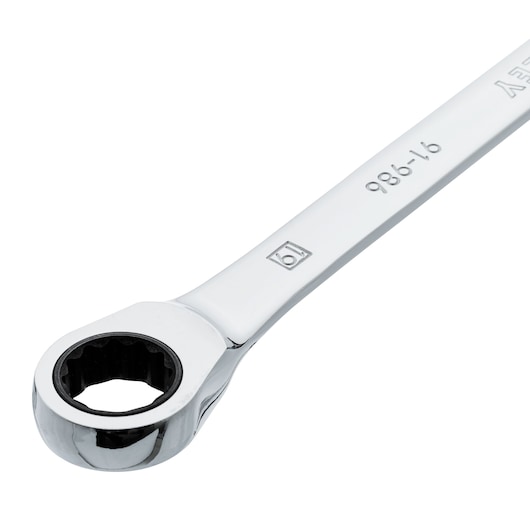 STANLEY 91-986 ratcheting combination wrench, chrome finish, close-up angle on white background.