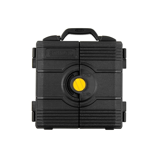 STANLEY 91-988 black plastic tool case with yellow central lock, photographed from the front on white background.