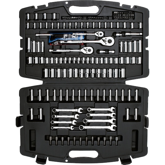 Photo of STANLEY 91-988 socket and wrench set in black case, assorted sockets, ratchets, and wrenches organized inside.