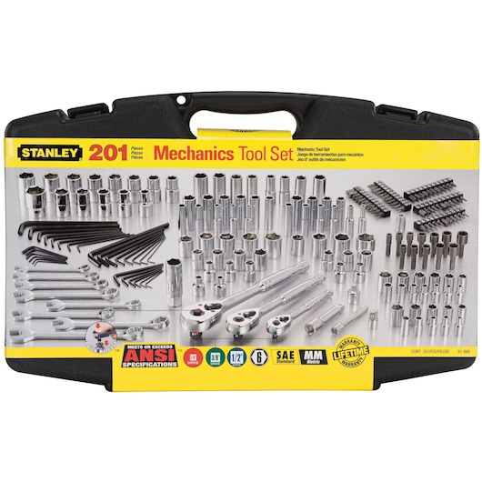 Stanley 91-988 mechanics tool set case with yellow label, 201 pieces, assorted sockets and wrenches, front angle.