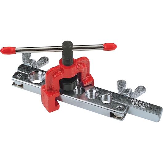 STANLEY 93-040 flaring tool with red clamp and metal base, angled view on white background.