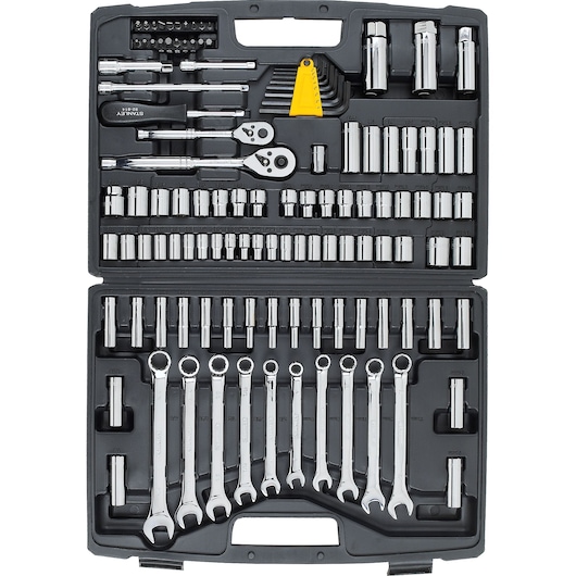 STANLEY 94-374 photography of socket and wrench set in black carrying case, top-down angle.