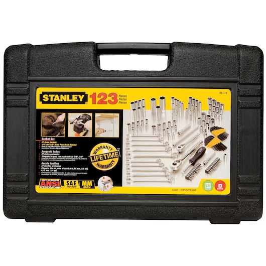 Stanley 94-374 socket set case, 123-piece kit displayed on black hard plastic box, photo front angle.