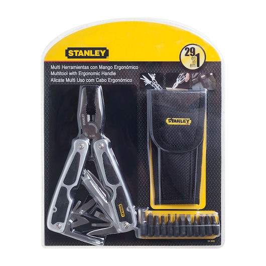 STANLEY 94-806 multitool with ergonomic handle, black pouch, and 20-piece bit set, front view on white background.