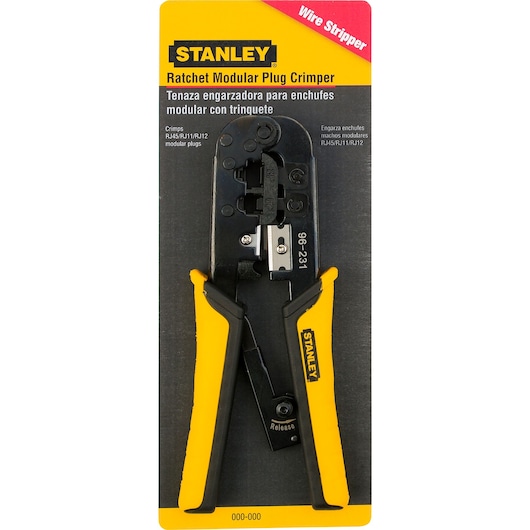 Photo of STANLEY 96-225 ratchet modular plug crimper with yellow and black handles, front angle, in packaging.