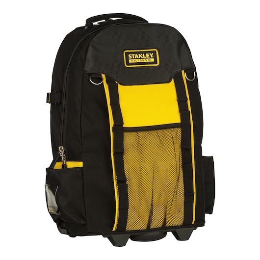 STANLEY FMST514196 tool backpack, black and yellow, mesh front pocket, angled view on white background.