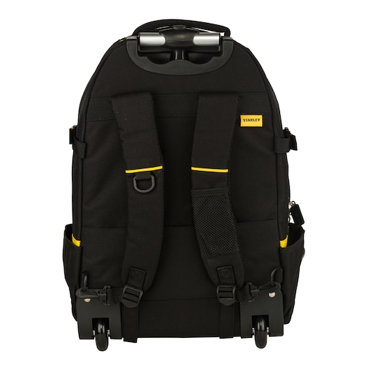 STANLEY FMST514196 black rolling tool backpack, rear view showing adjustable straps and wheels.