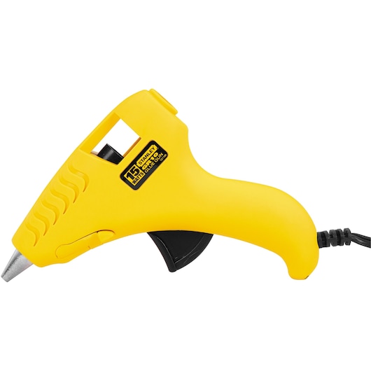 Stanley yellow mini glue gun side view with black trigger on white background