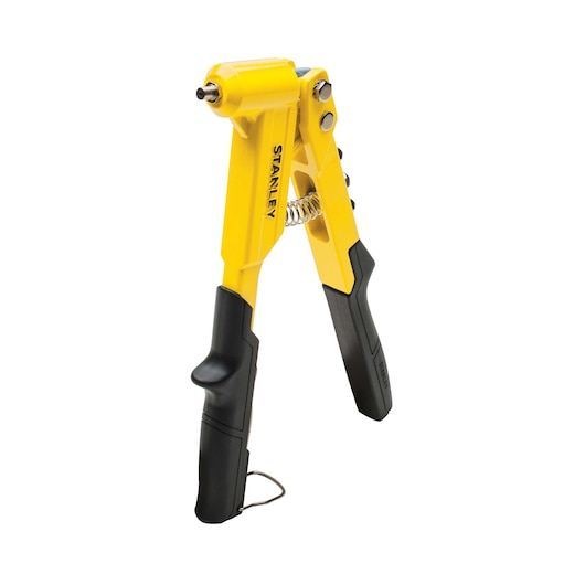 STANLEY yellow and black hand riveter tool, angled front view, with spring and ergonomic gripped handles on white background.