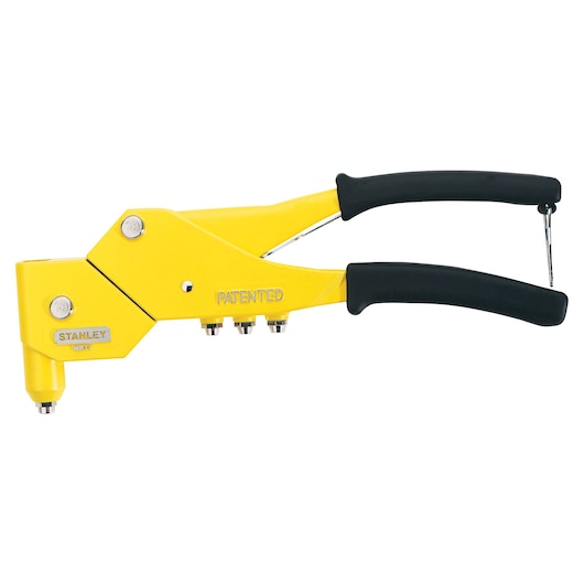 STANLEY MR77C yellow hand riveter tool, side view with black grips, product photography on white background.