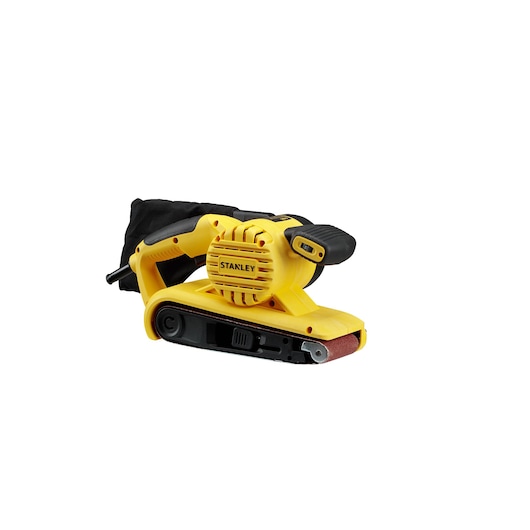 STANLEY SB90-B2C yellow belt sander with black dust bag, side angle on white background.