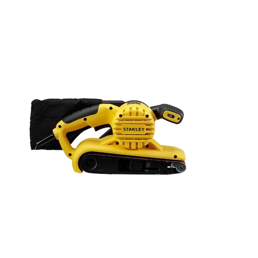 STANLEY SB90-B2C yellow and black belt sander, left side view, with dust bag attached, on white background.