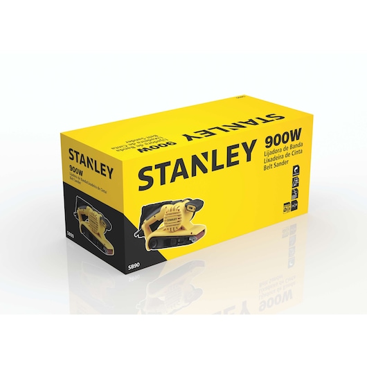 Photo of STANLEY SB90 belt sander box, yellow packaging with product image and 900W power details, angled view.