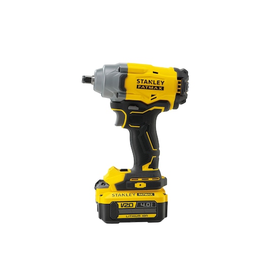 Photo of STANLEY SBW920M2K cordless impact wrench, yellow and black, side angle, with V20 4.0Ah lithium-ion battery.