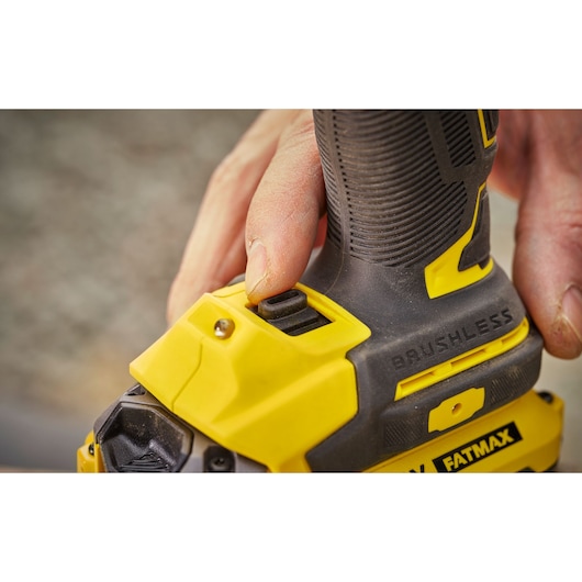 STANLEY SBW920M2K brushless FATMAX power tool close-up showing yellow and black handle and switch.