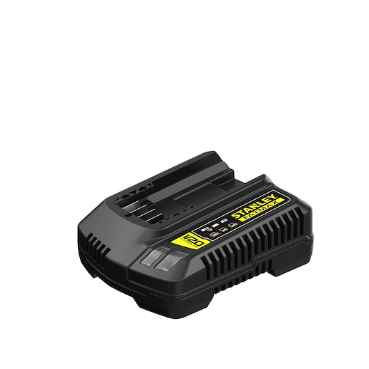 Photo of STANLEY SC125 black cordless battery charger with yellow label, angled on white background.