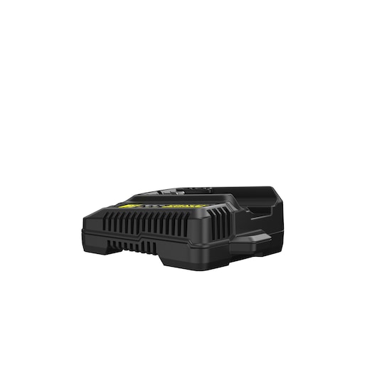 Photo of STANLEY SC125 battery charger, black, angled front view, with vented casing, on white background.