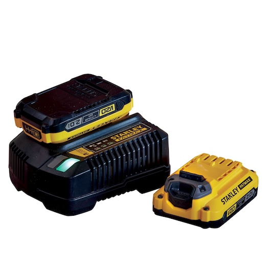 STANLEY SC200 battery charger, V20 series, black with yellow branding, front angle on white background.