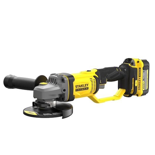 Photo of STANLEY SCG400M2K-KR cordless angle grinder, yellow and black, side view, with battery pack