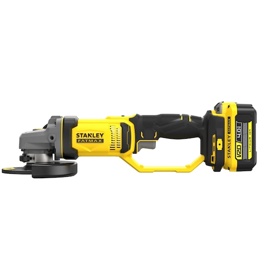 Photo of STANLEY SCG400M2K-KR cordless angle grinder, yellow and black, side view, with battery attached.