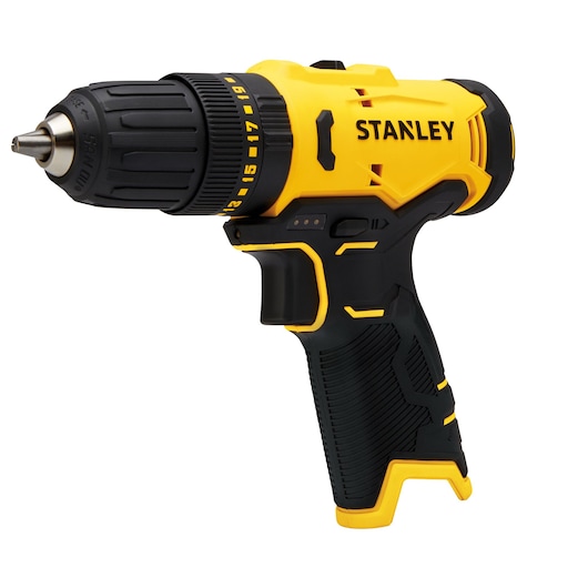 STANLEY SCH10 cordless drill, yellow and black, photography, side angle on white background.