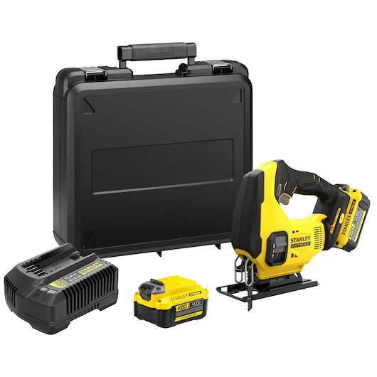 STANLEY SCJ600M2K cordless jigsaw kit with yellow and black jigsaw, battery, charger, and hard carrying case, front angle.