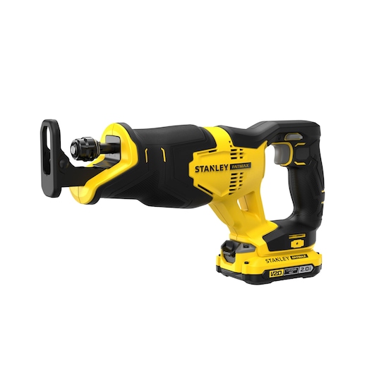 Photo of STANLEY FATMAX SKU SCR300D2K cordless reciprocating saw, yellow and black, right side view on white background.