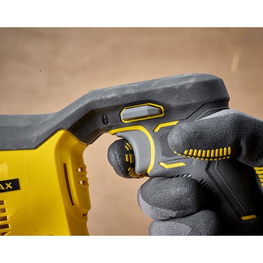 STANLEY SCR300D2K power tool handle close-up, showing ergonomic grip and trigger, photography category.
