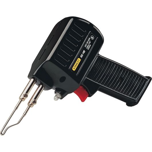Stanley SG100 electric soldering gun, black body, side angle, visible trigger and metal tips.