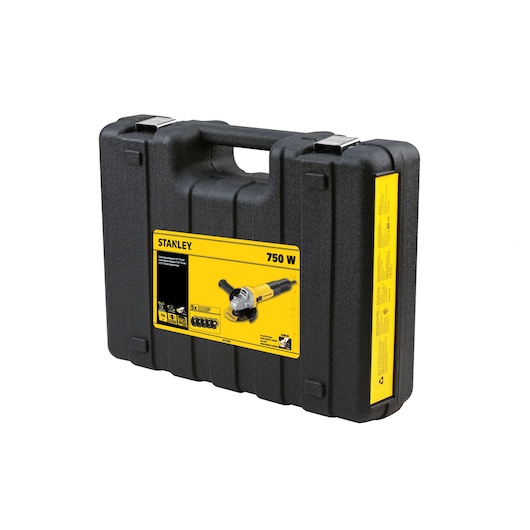 STANLEY SG7115KD black hard plastic carrying case with yellow label, product and tool photo, front angle.